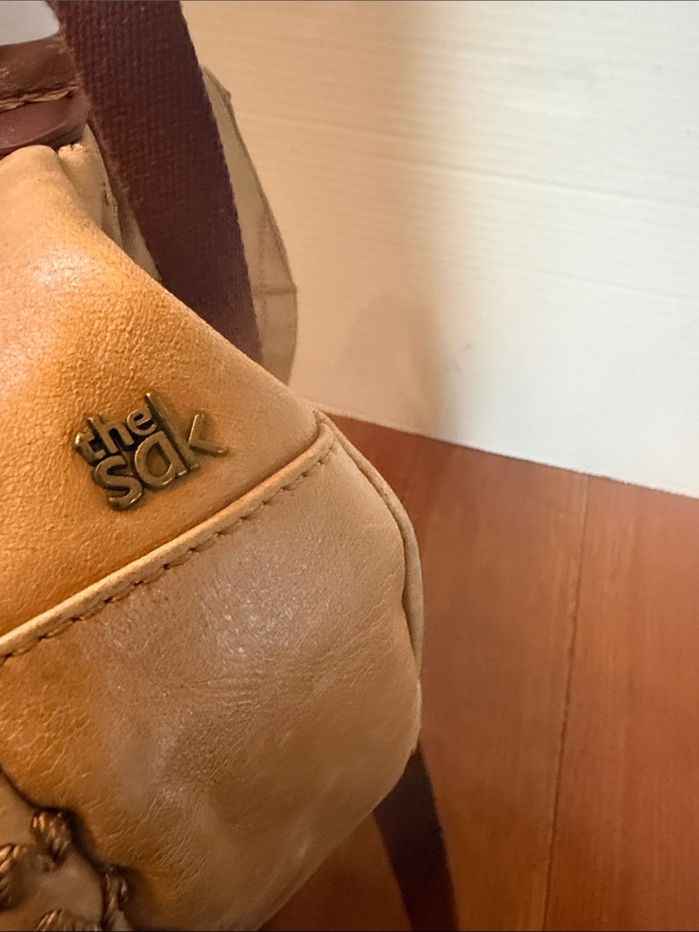 The Sak Deena fold-over crescent crossbody bag. tan leather peace sign stitch - Picture 8 of 11